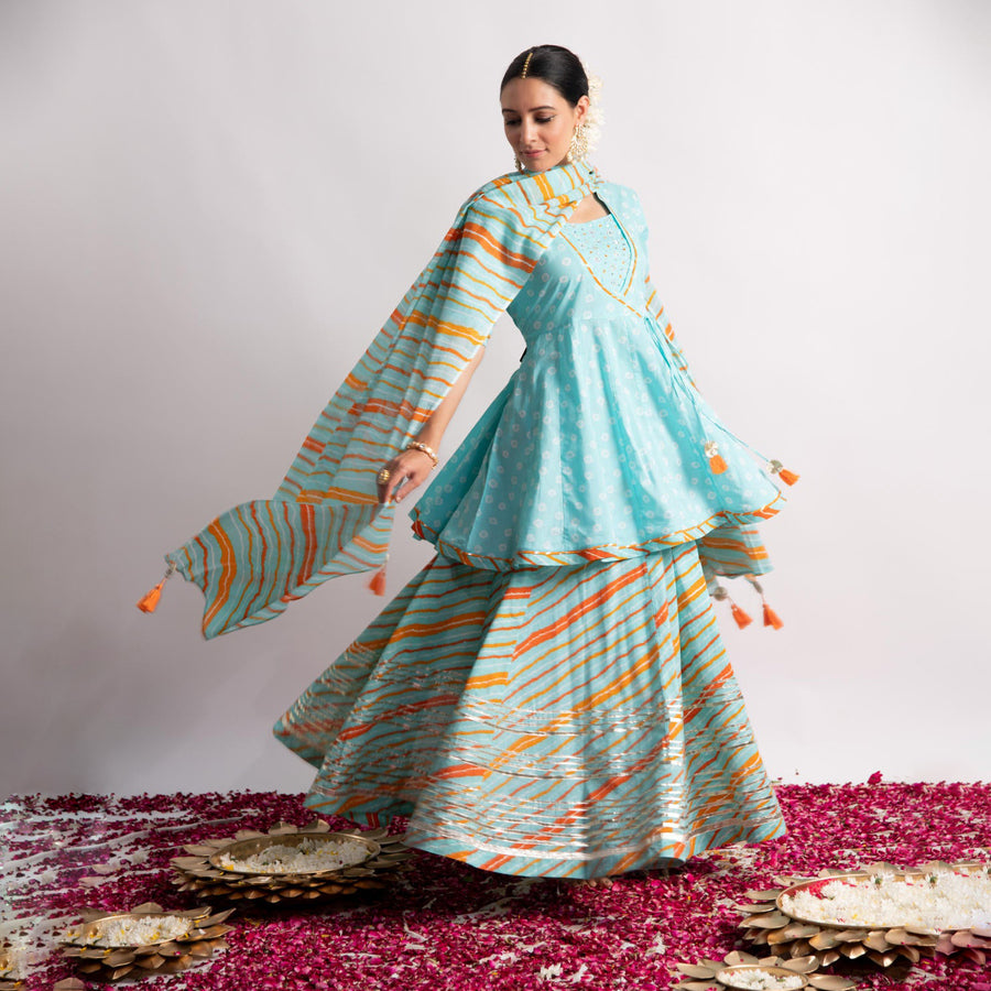 Firozi Bandhani Print Kurta with Leheriya Skirt and Dupatta
