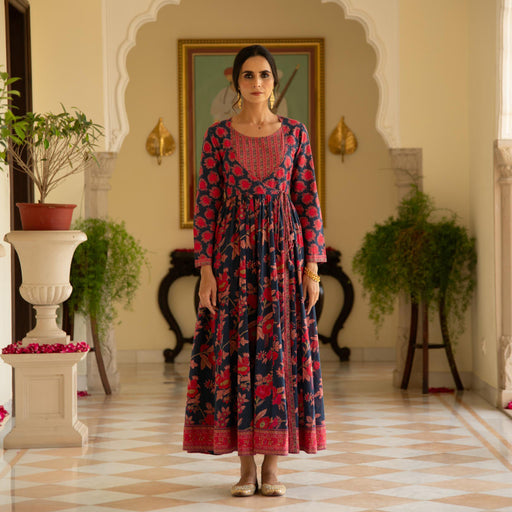 Floral Blue Printed Angrakha Kalidaar Kurta