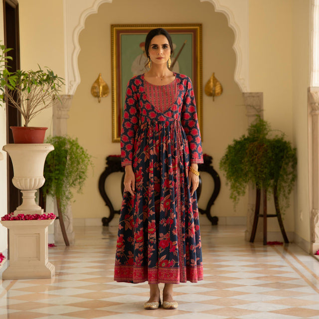 Floral Blue Printed Angrakha Kalidaar Kurta