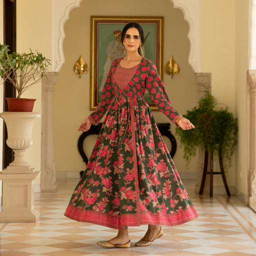Floral Green Printed Angrakha Kalidaar Kurta