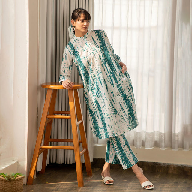 Green and White Shibori Print Co-Ord Set