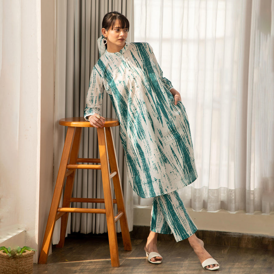 Green and White Shibori Print Co-Ord Set