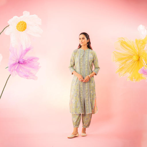 Green Floral Printed Kurta Afghani Salwar Co-Ord Set