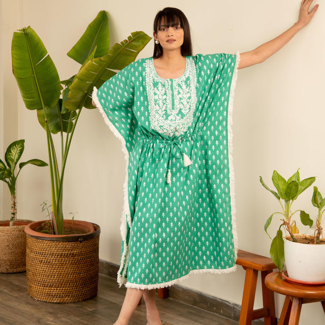 Green Printed Cotton Embroidered Kaftan