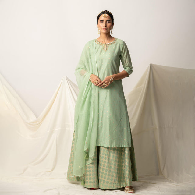 Green Silk Chanderi Kurta Skirt with Doriya Dupatta