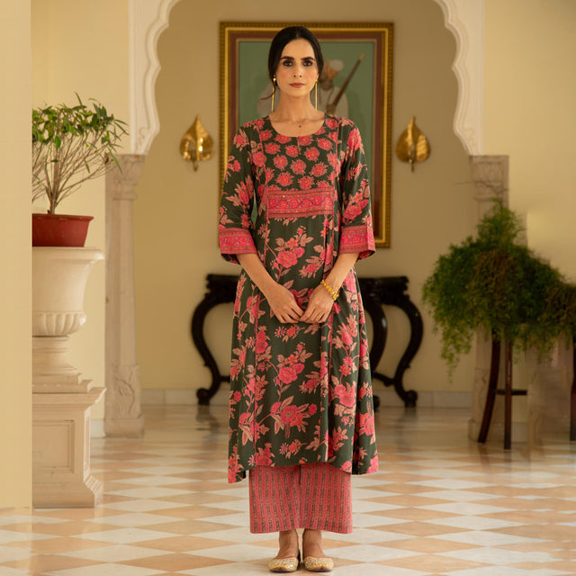 Green Viscose Modal Printed A-line Kurta with Pink Stripes Printed Pant