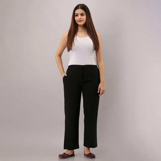 Black Cotton Narrow Bottom Flex Pant
