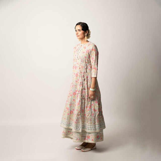 Grey Handblock Floral Printed Double Layered Kalidaar Dress