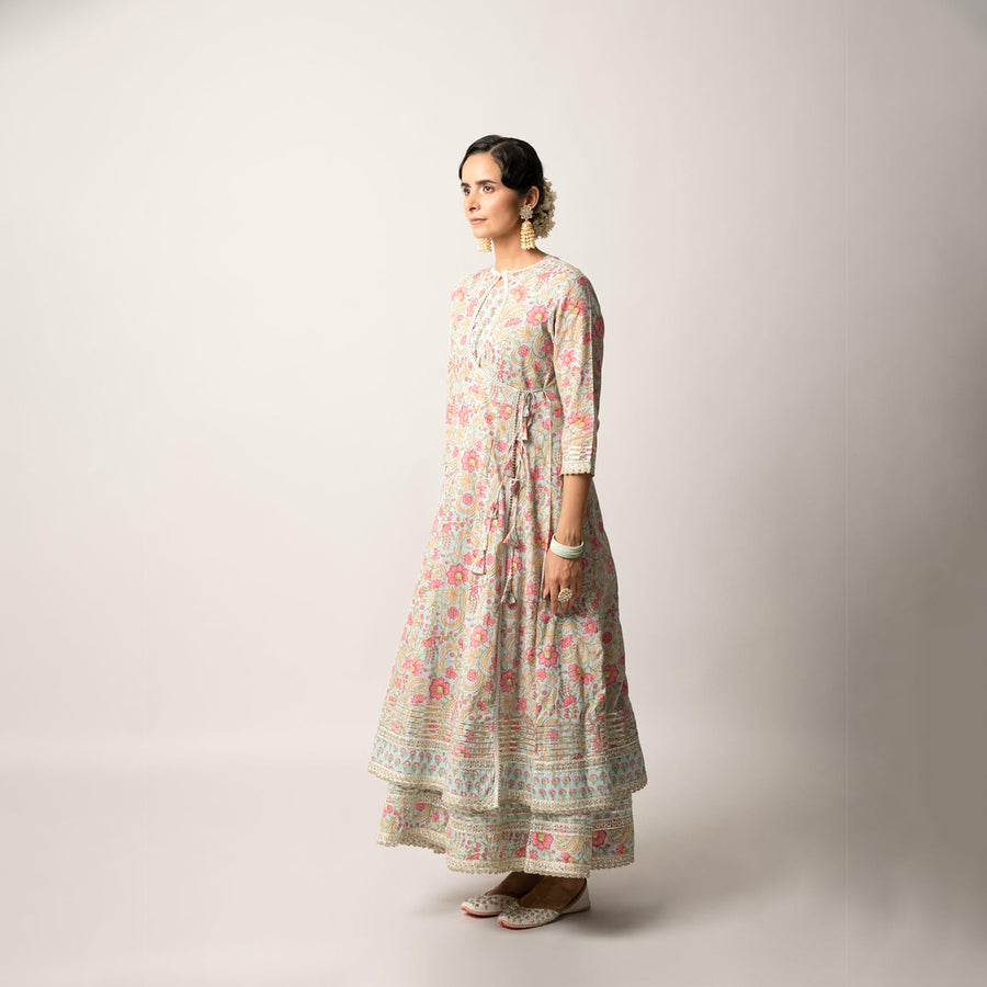 Grey Handblock Floral Printed Double Layered Kalidaar Dress