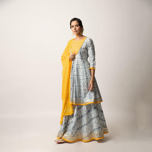 Grey Yellow Tie& Dye Print Kali Kurta with Skirt and Dupatta