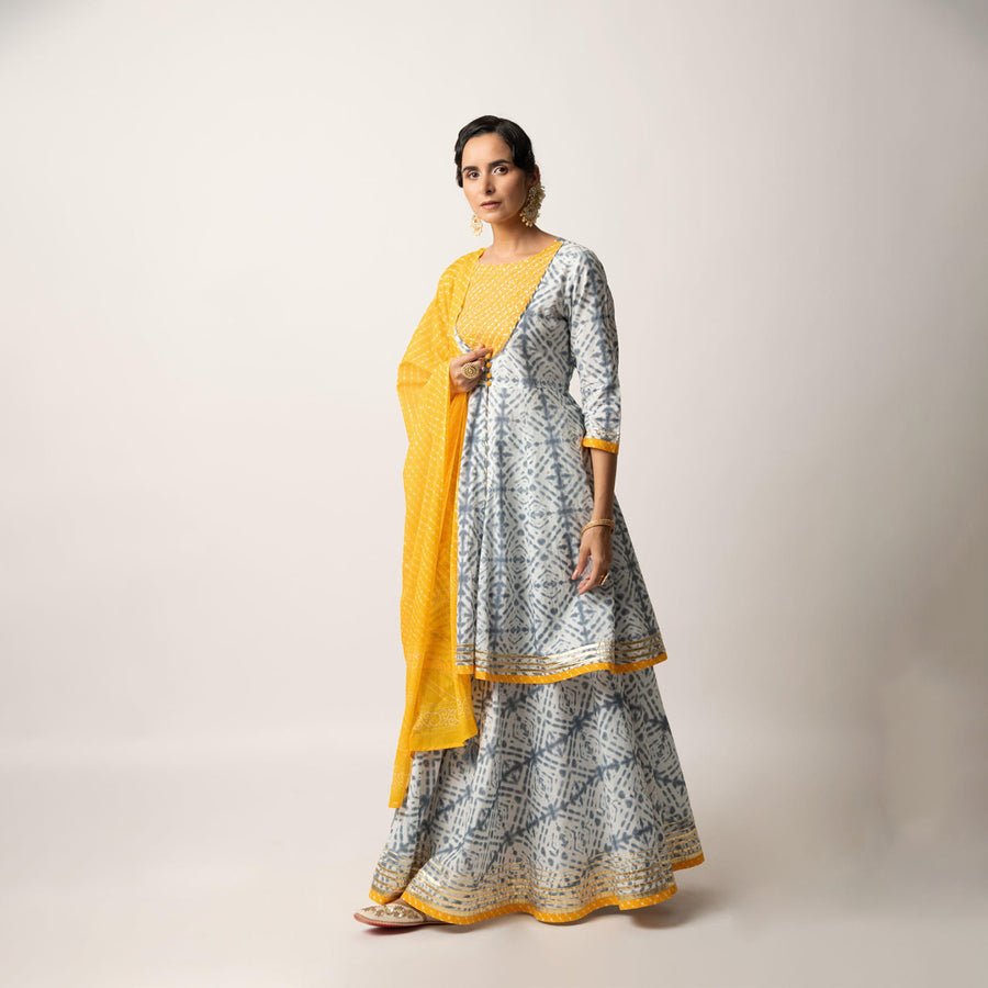 Grey Yellow Tie& Dye Print Kali Kurta with Skirt and Dupatta