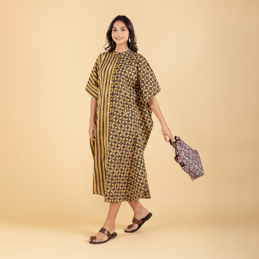 Hand Block Printed Mustard Brown Kaftan Dress with Pocket