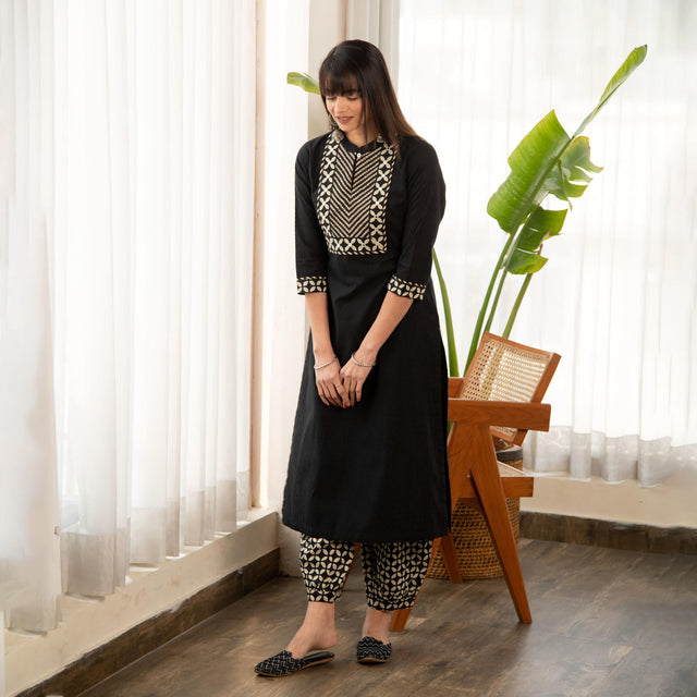 Black Dobby Straight Kurta with Printed Afghani Salwar