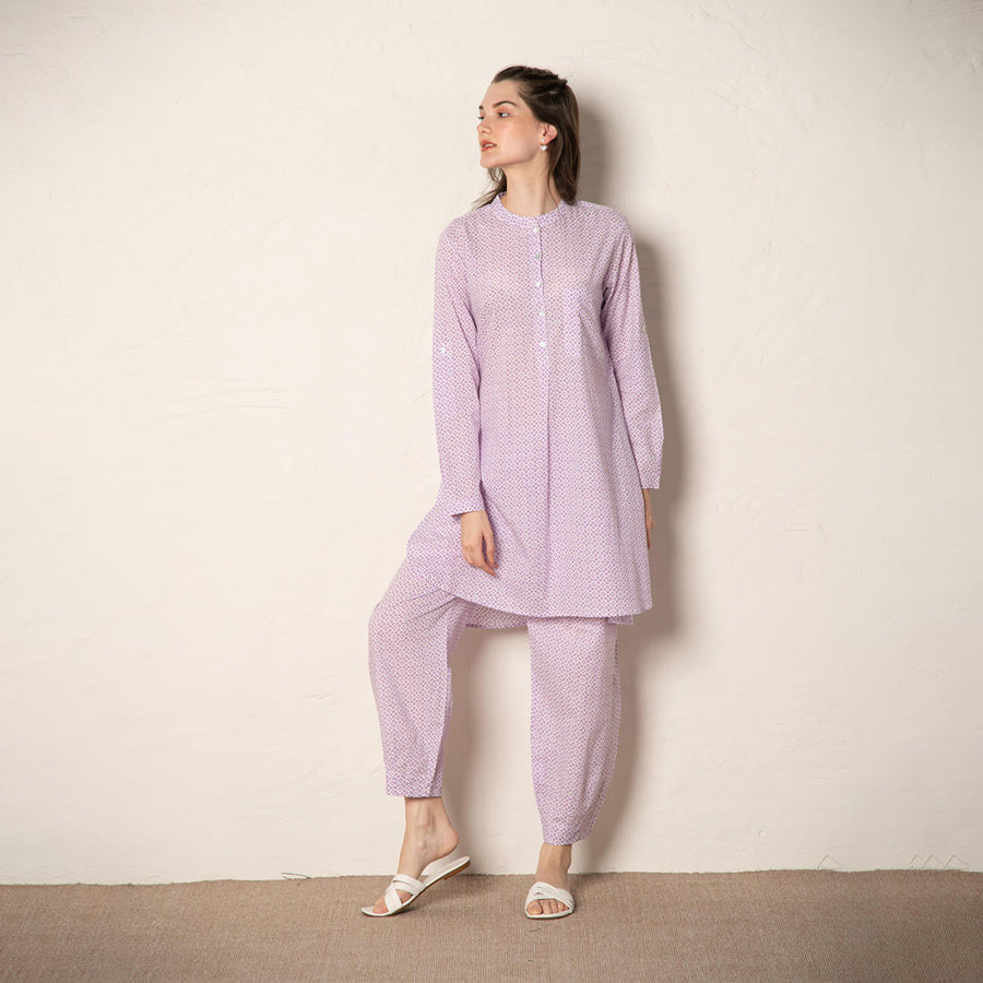 Lavender Cotton Printed Loose Fit Up-Down Co-Ords Set.