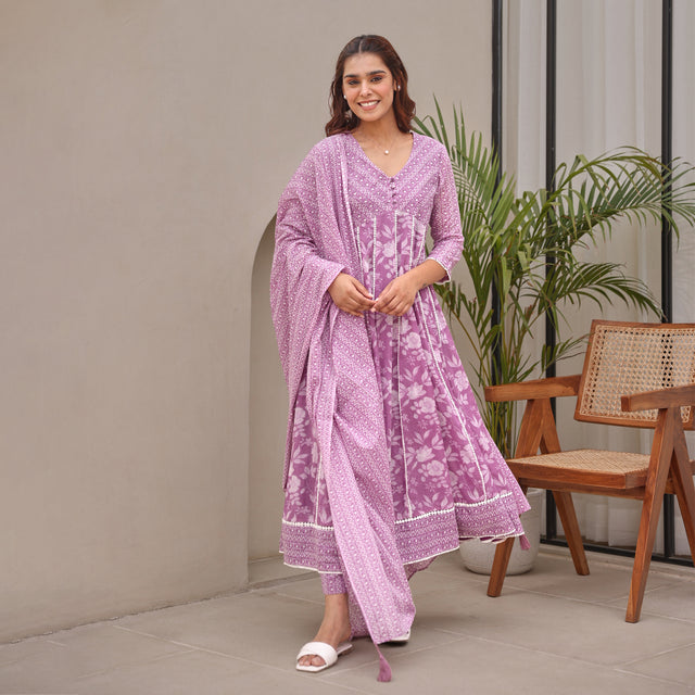 Lavender Floral Printed Mulmul Embroidered  Kurta Pant Dupatta Set With Lace Detail