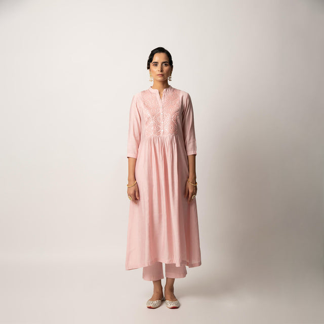 Light Pink gathered A-Line kurta Pant Set