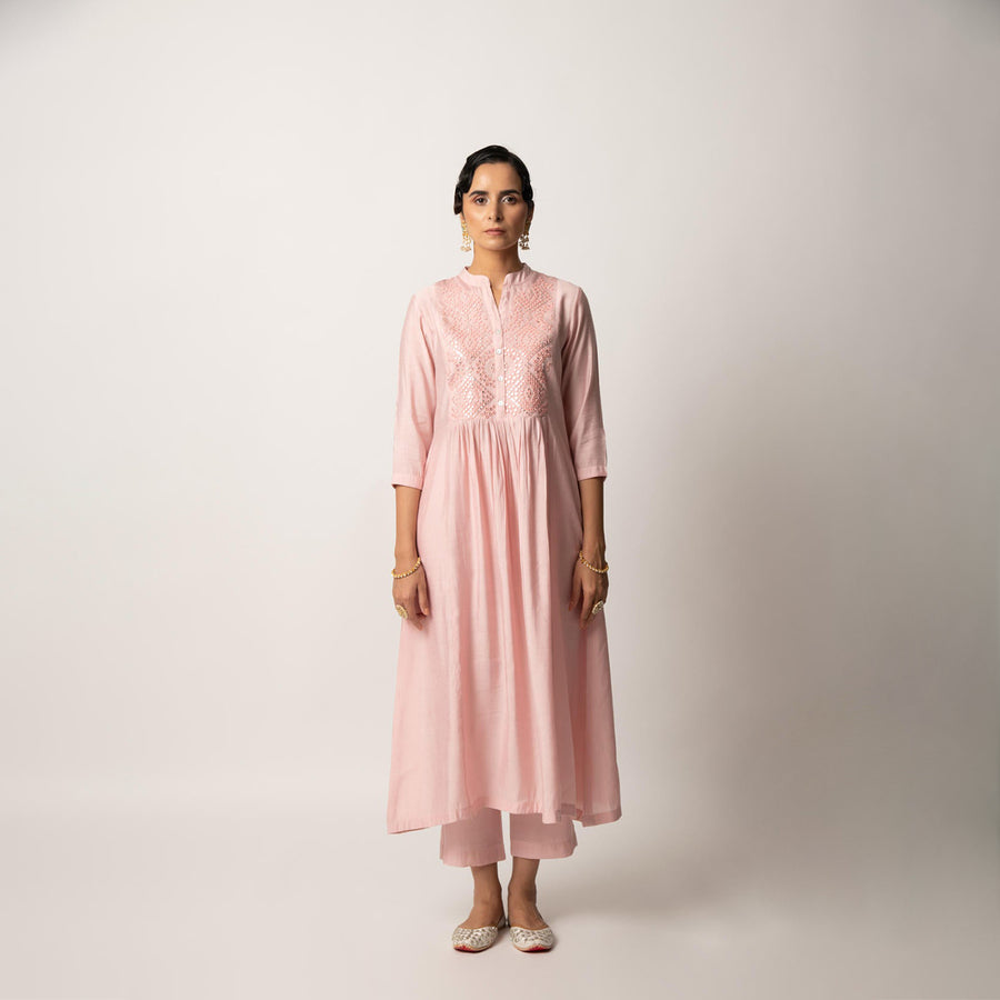 Light Pink gathered A-Line kurta Pant Set