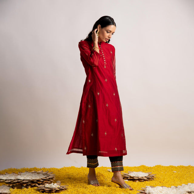 Maroon Silk Chanderi Straight Kurta with Gota Work Afghani Pant