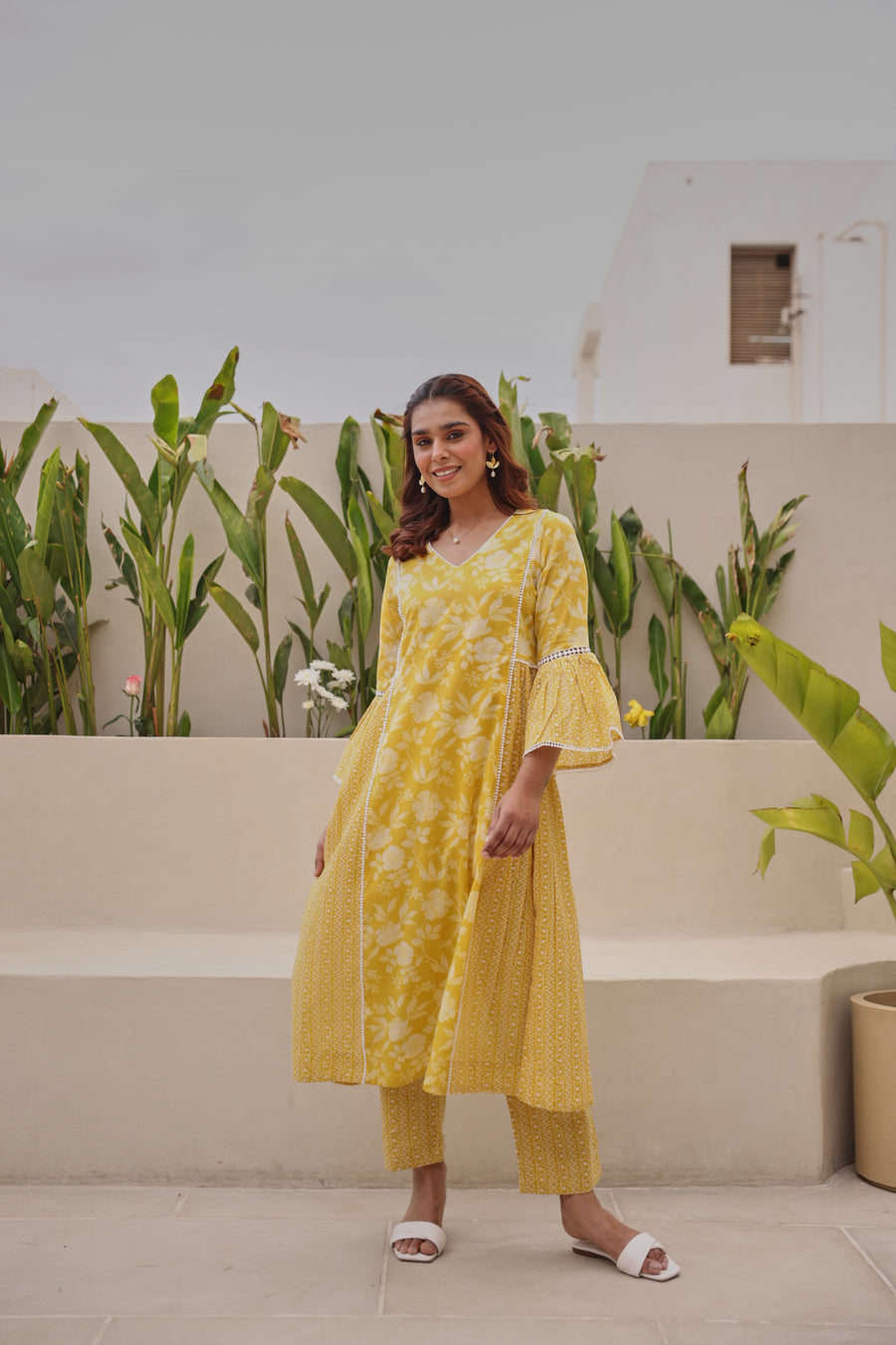 Yellow Mul Cotton Gathered Kurta with All-Over Lace Work & Bell Sleeves