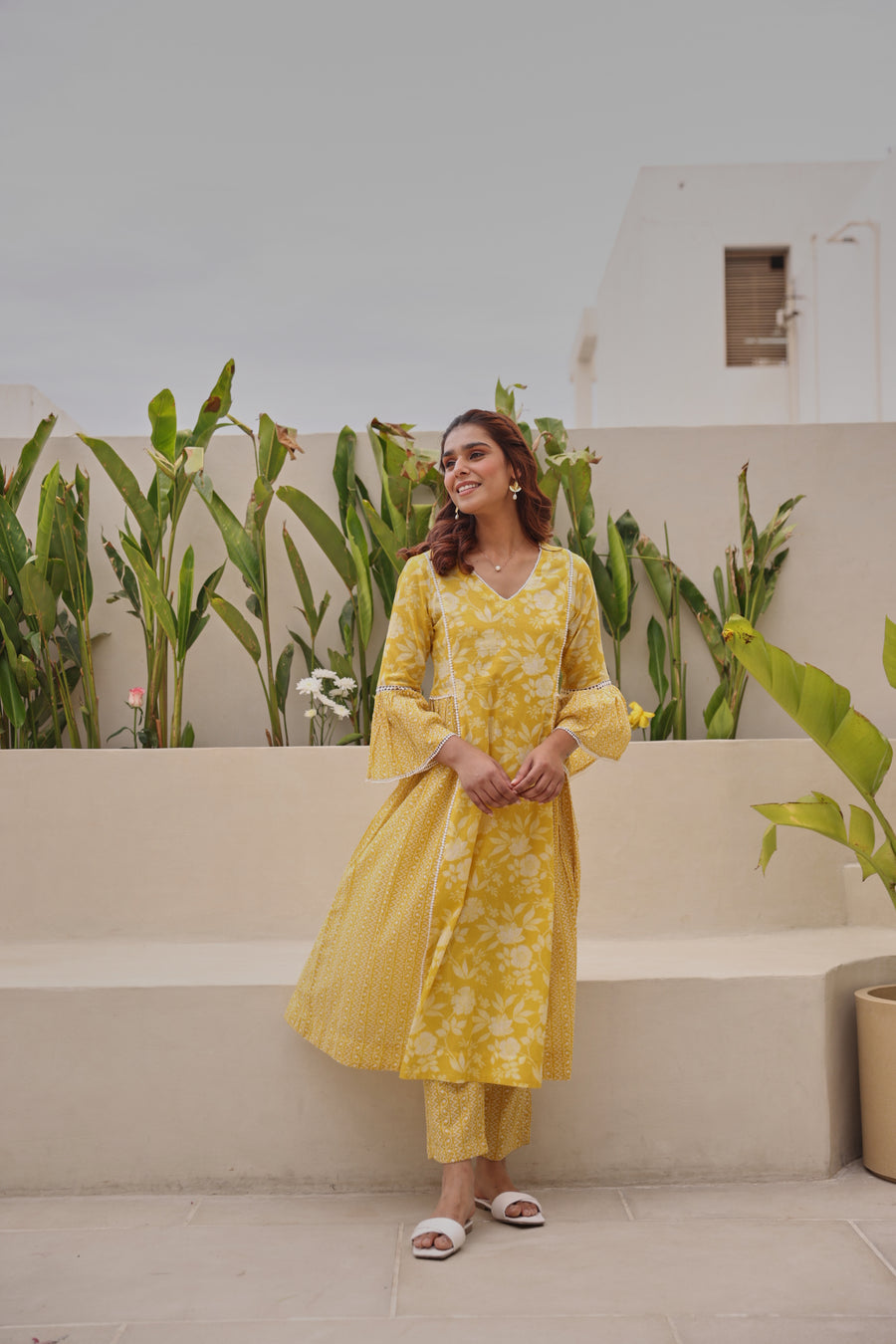 Yellow Mul Cotton Gathered Kurta with All-Over Lace Work & Bell Sleeves