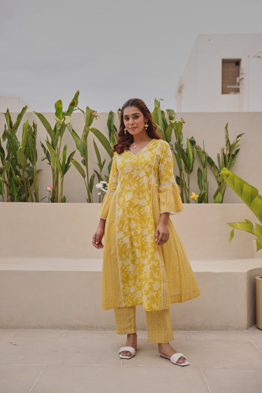Yellow Mul Cotton Gathered Kurta with All-Over Lace Work & Bell Sleeves