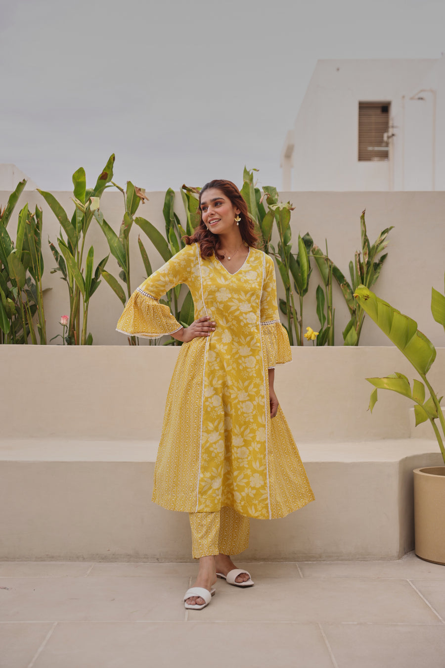 Yellow Mul Cotton Gathered Kurta with All-Over Lace Work & Bell Sleeves