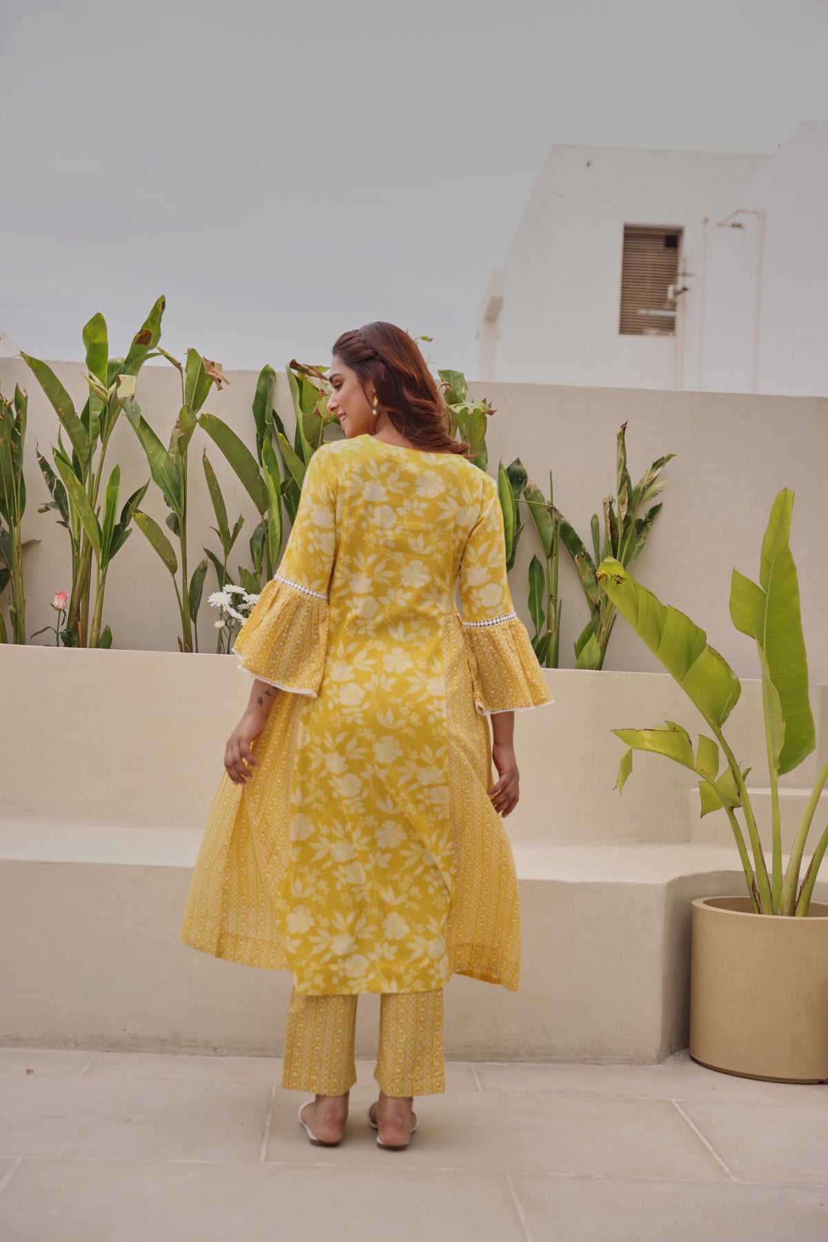 Yellow Mul Cotton Gathered Kurta with All-Over Lace Work & Bell Sleeves