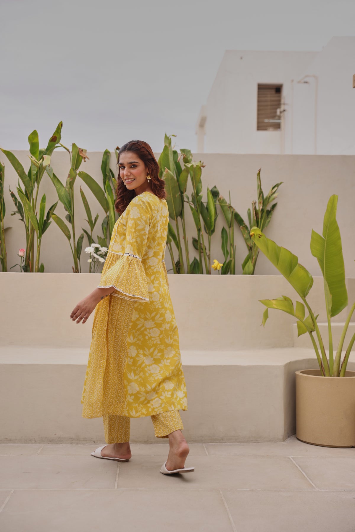 Yellow Mul Cotton Gathered Kurta with All-Over Lace Work & Bell Sleeves