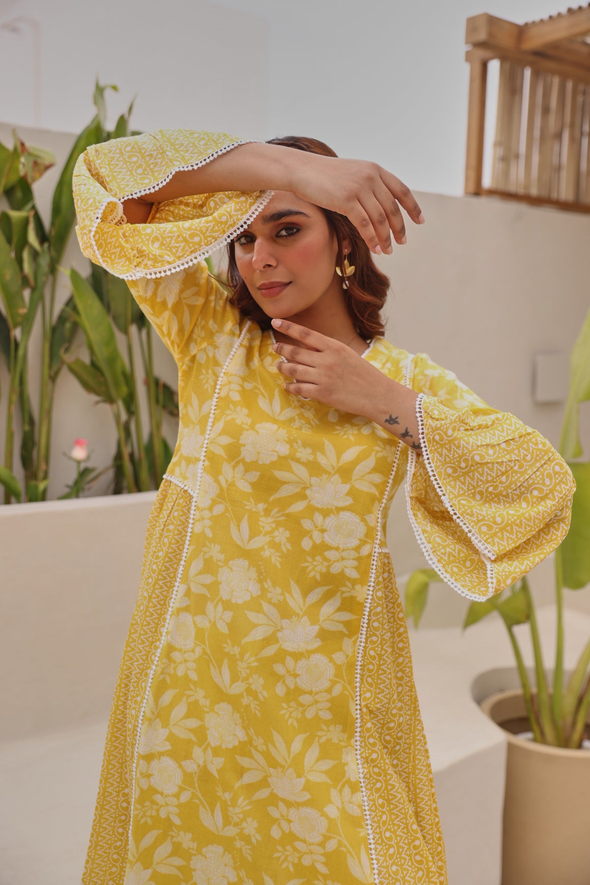 Yellow Mul Cotton Gathered Kurta with All-Over Lace Work & Bell Sleeves