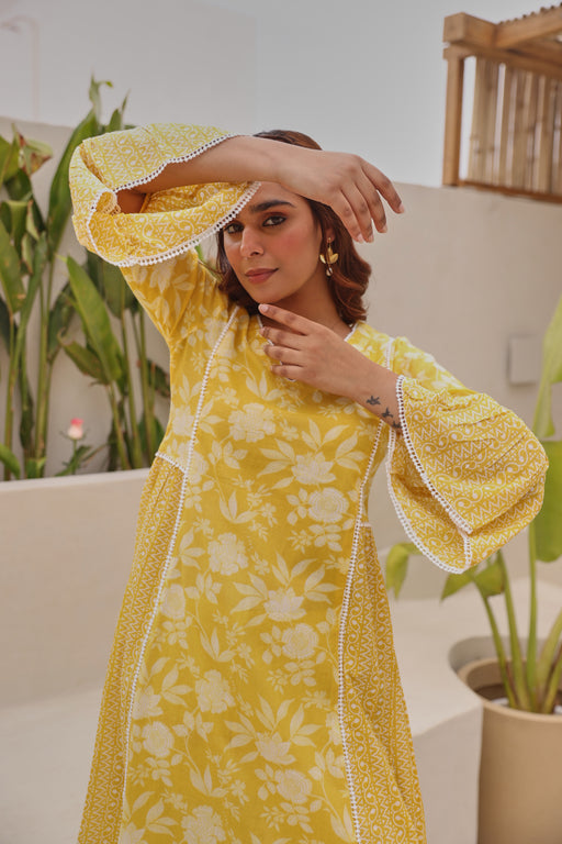 Yellow Mul Cotton Gathered Kurta with All-Over Lace Work & Bell Sleeves