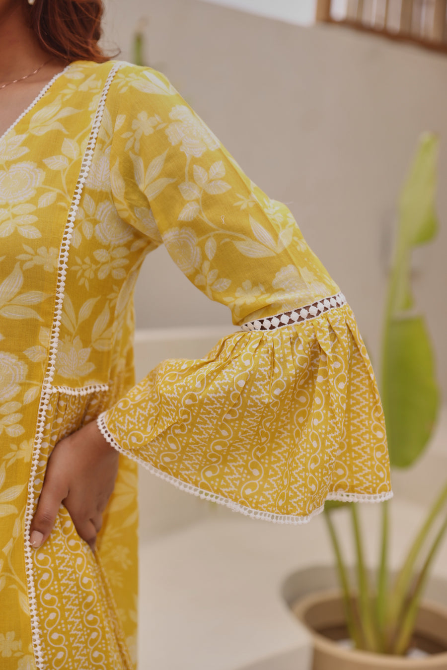 Yellow Mul Cotton Gathered Kurta with All-Over Lace Work & Bell Sleeves