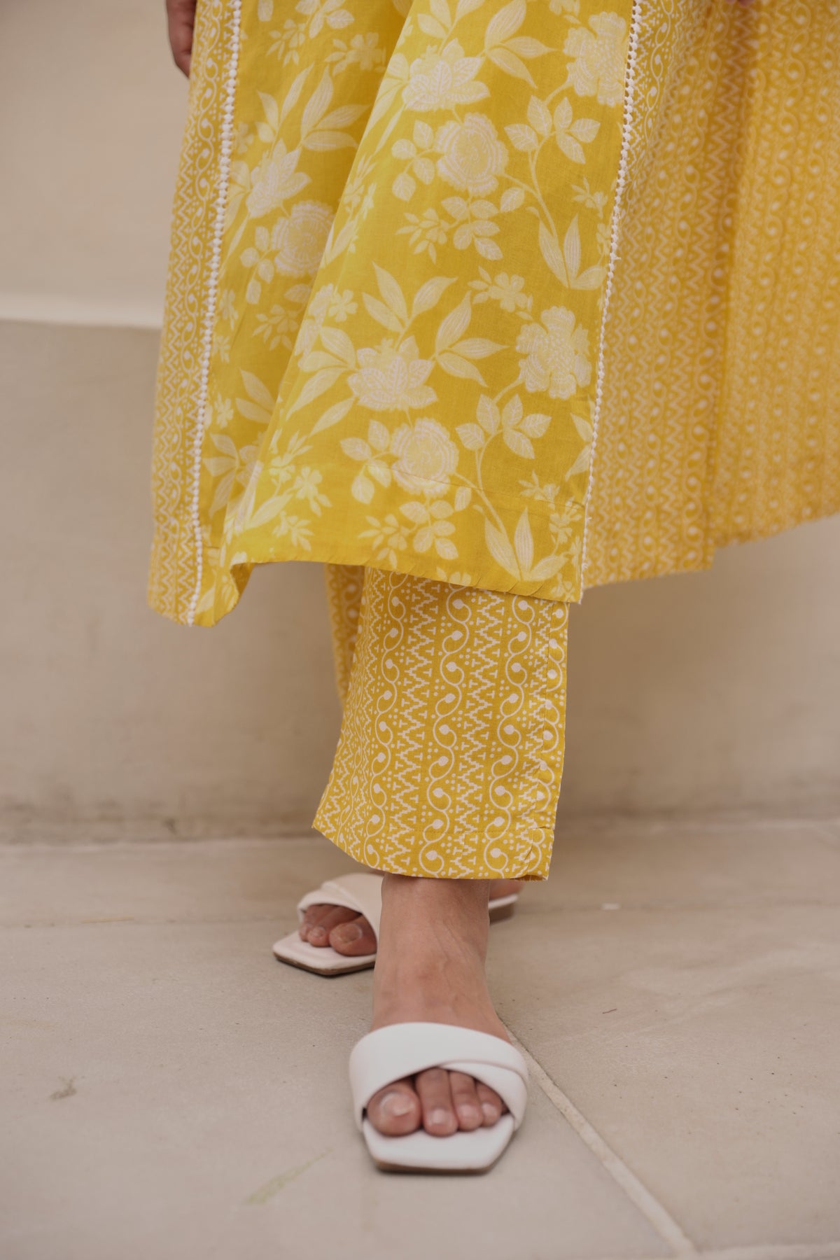 Yellow Mul Cotton Gathered Kurta with All-Over Lace Work & Bell Sleeves