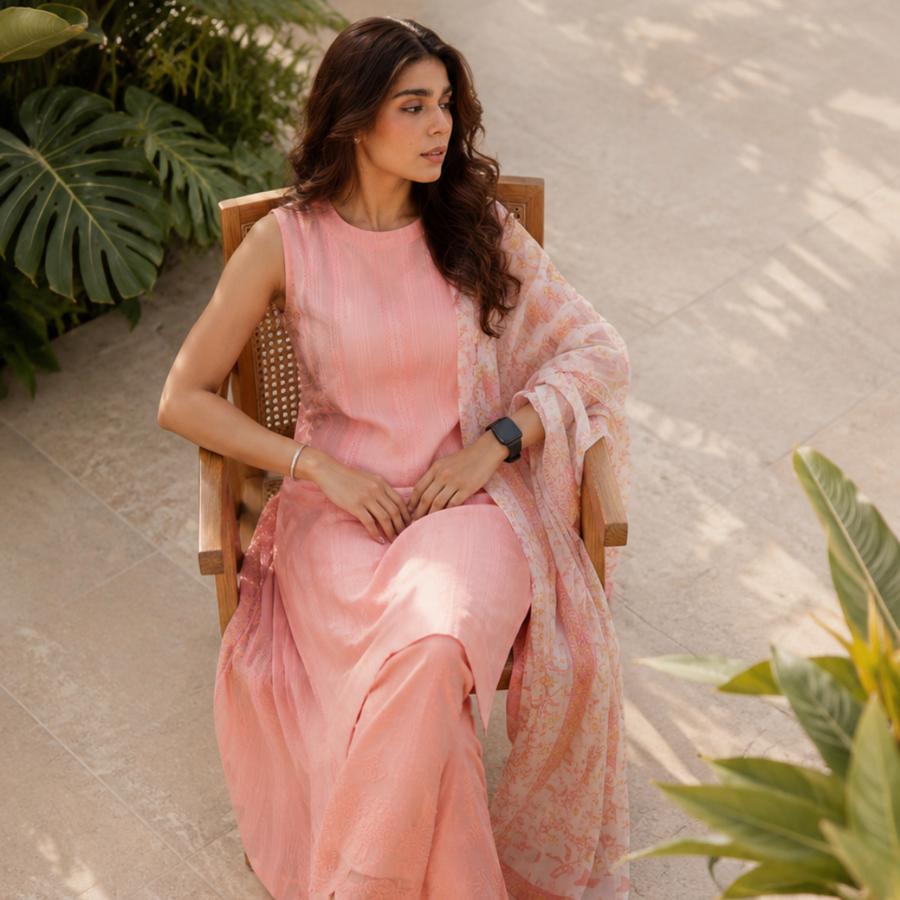 Peach Cotton Suit Set with Cotton Dobby Kurta, Cotton Shifli Pant and Block Printed Kota Doria Dupatta