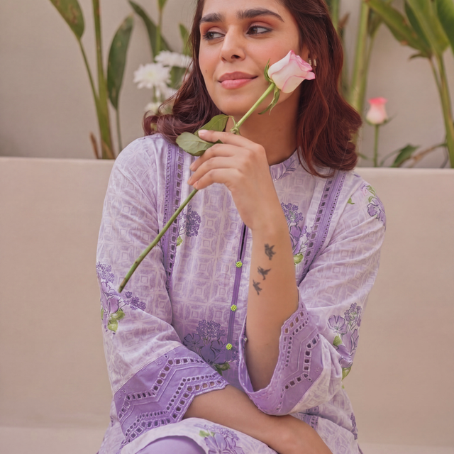 Purple Block Printed Shifli Cotton Kurta with Farshi Salwar