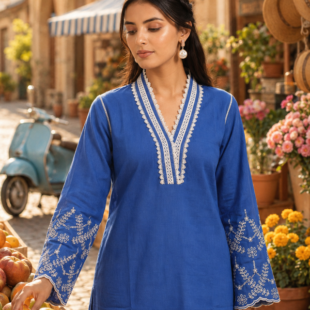 Blue Cotton Linen Kurta Set with Lace Work Neck and Cut Work Sleeves