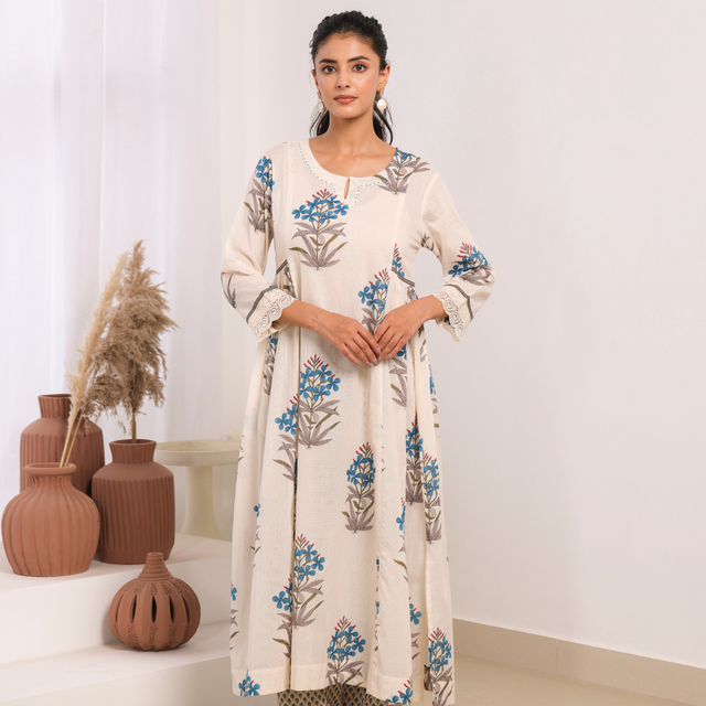 Cream Mul Cotton Gathered Kurta with Blue Floral Motifs, Lace & Bead Work – Pant Set
