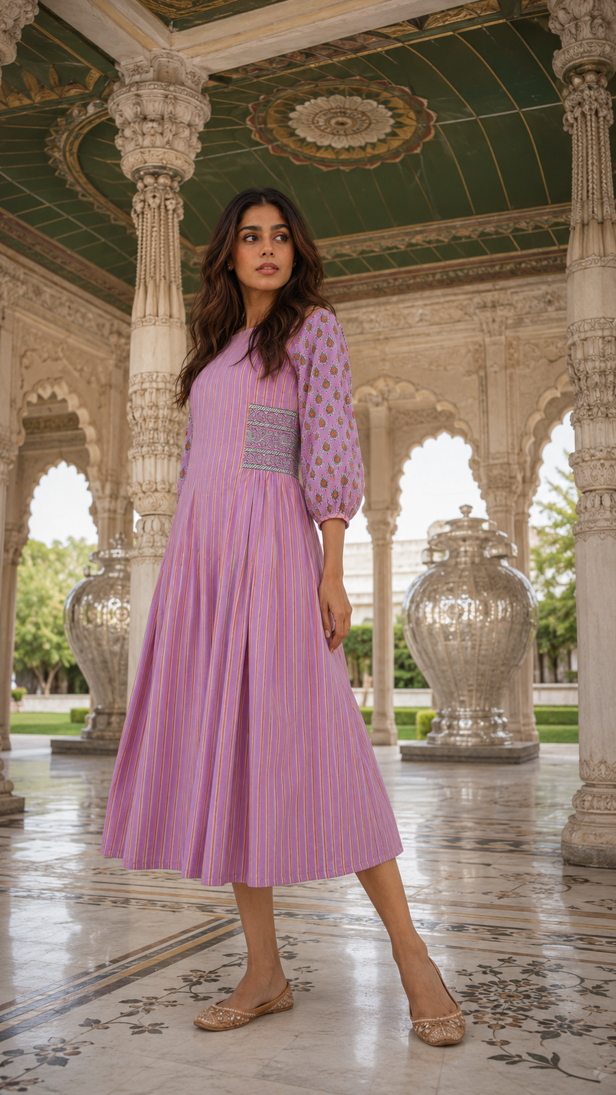 Pink Block Printed Cotton Dress with Hand Work on Neck