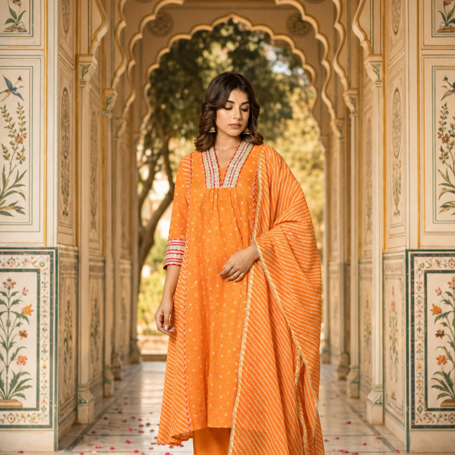 Orange festive embroidered Kota Doria suit set - square - EKOHUM