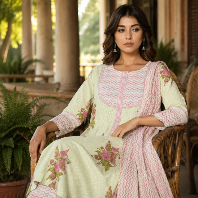Pista Green Embroidered Cotton Suit Set with Dupatta