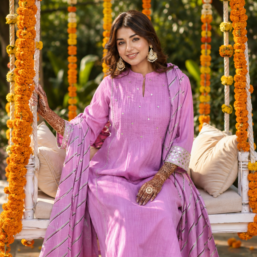 Purple festive embroidered cotton suit set - square - EKOHUM