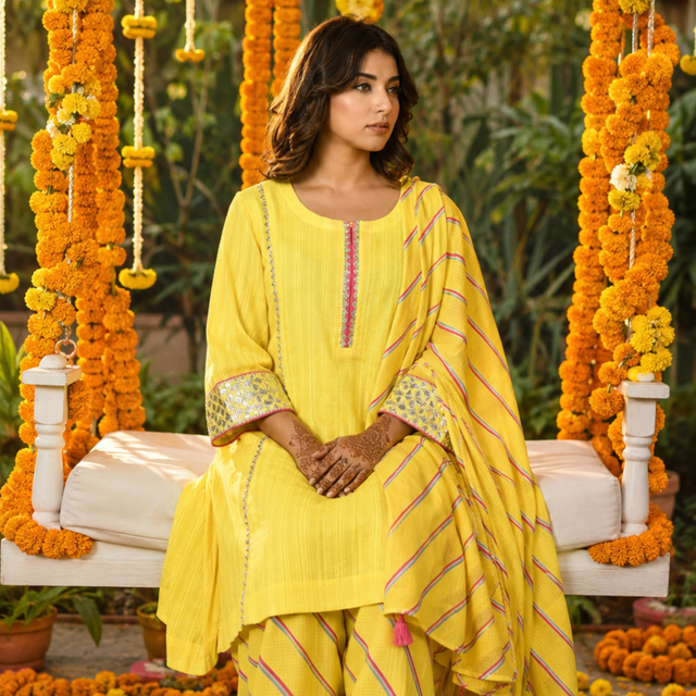 Yellow Embroidered Cotton Suit Set with Dupatta