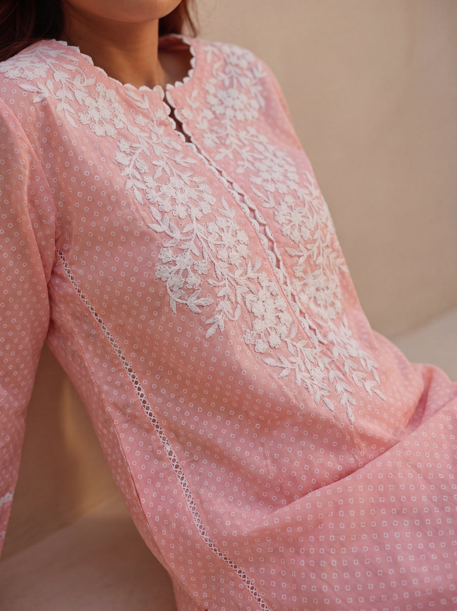 Peach Cotton Suit Set with Embroidered Kurta and Farshi White Salwar Set with Kota Doria Dupatta