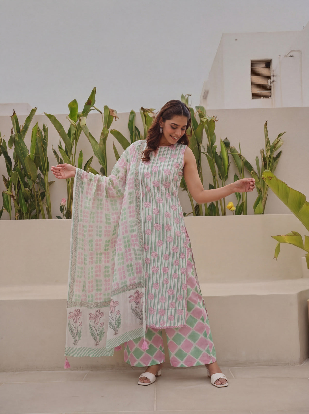 Green & Pink Block Print Cotton Kurta Pant with Kota Doria Dupatta