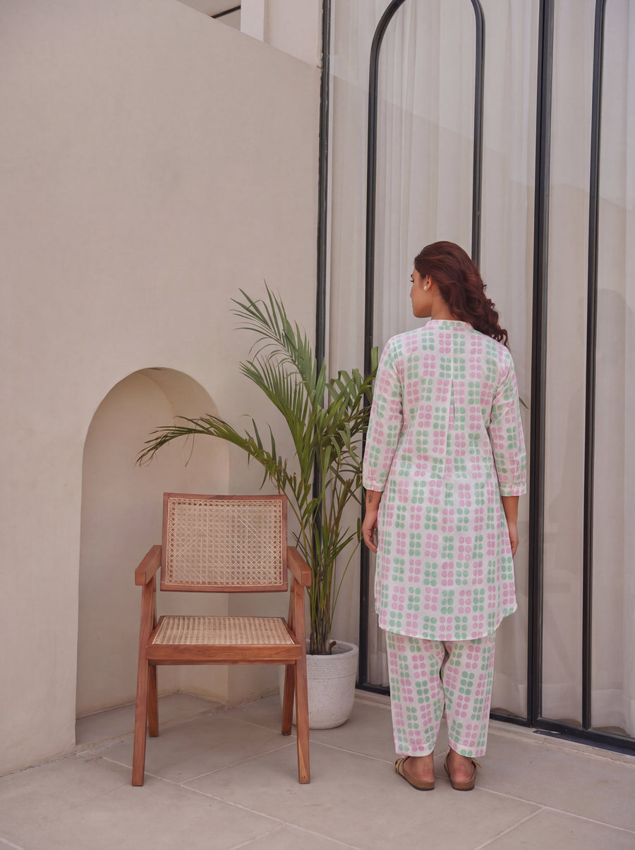 Pink & Green Block Printed Cotton Co-Ord Set with Salwar