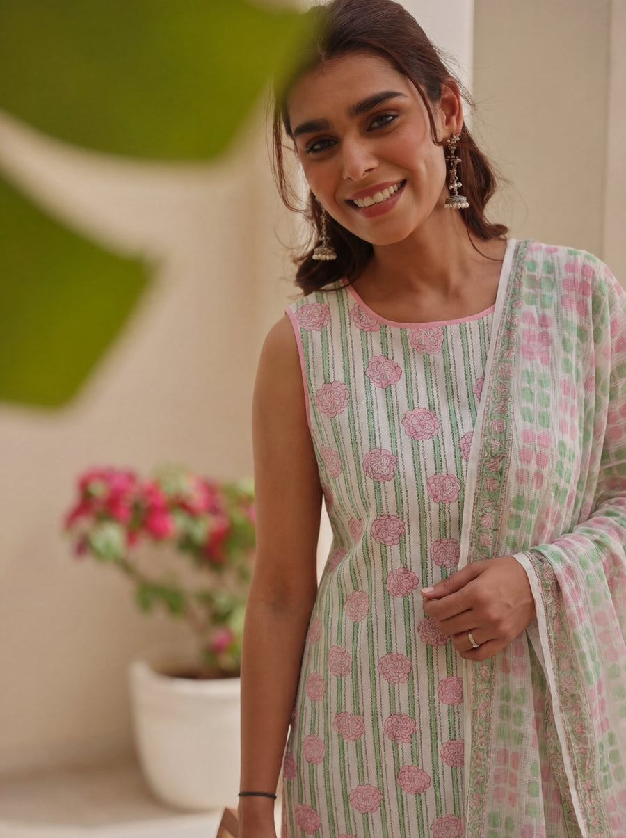 Green & Pink Block Print Cotton Kurta Pant with Kota Doria Dupatta