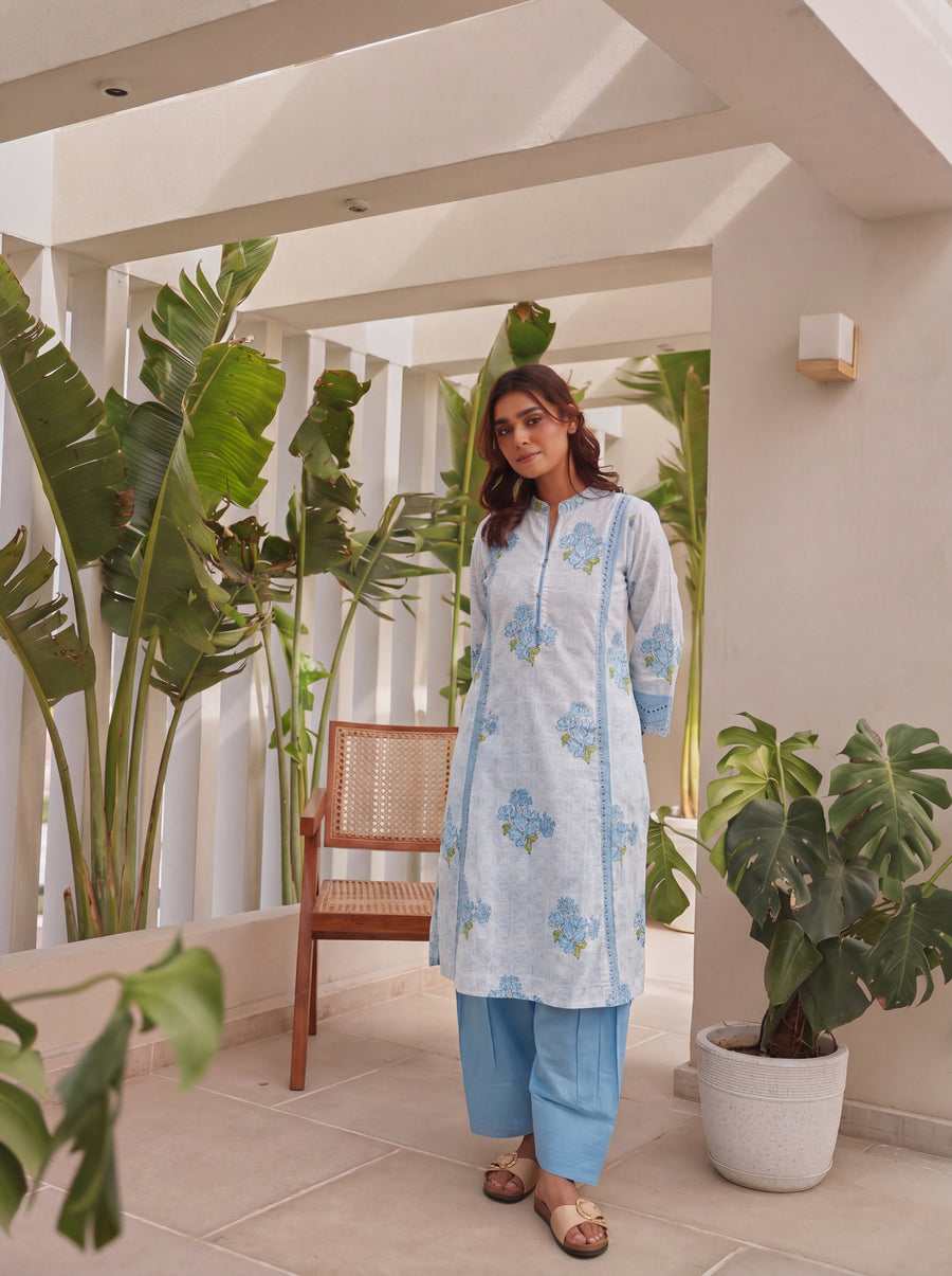 Blue Block Printed Shifli Cotton Kurta with Farshi Salwar