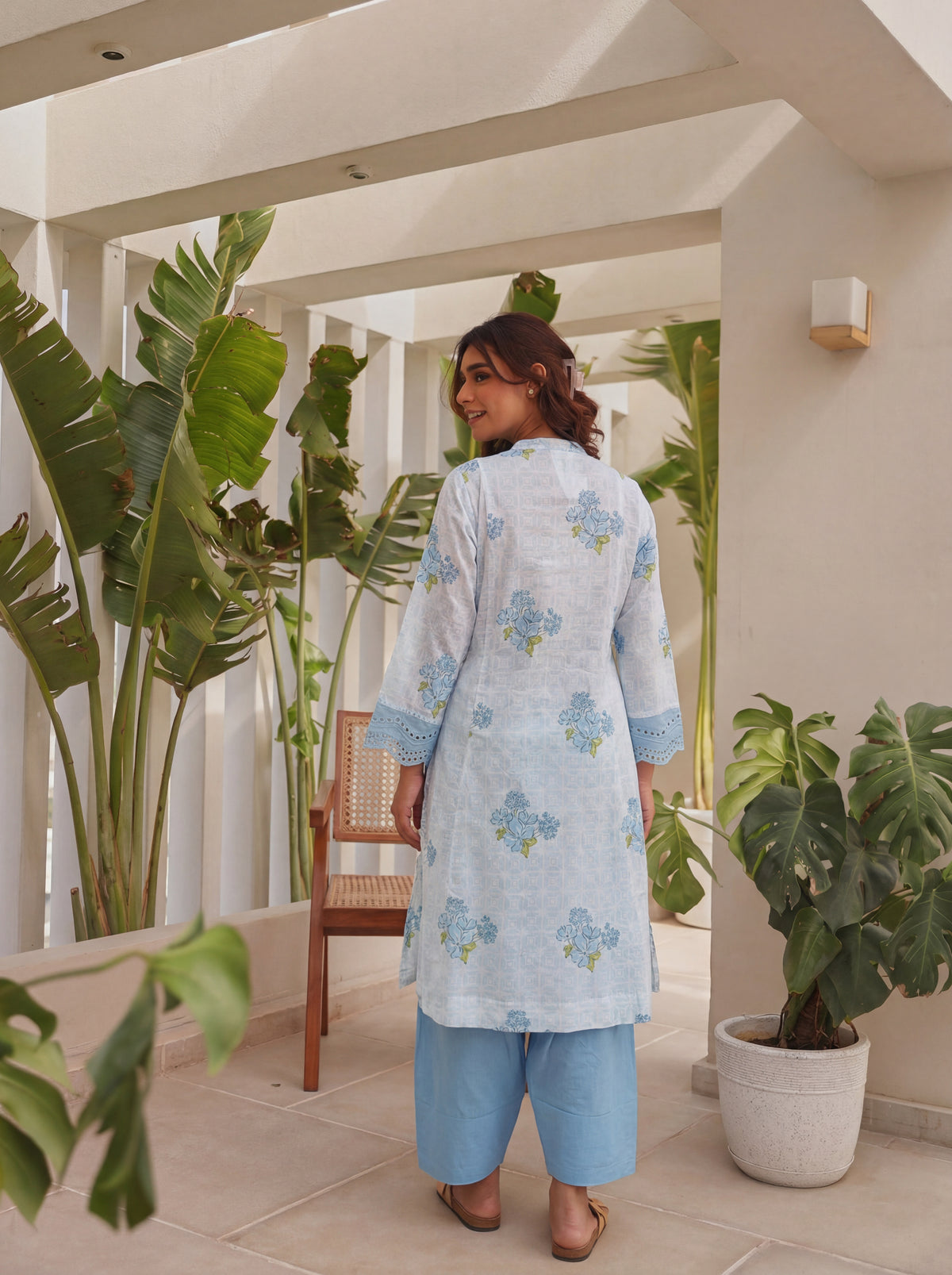 Blue Block Printed Shifli Cotton Kurta with Farshi Salwar