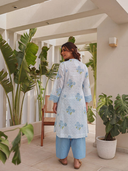 Blue Block Printed Shifli Cotton Kurta with Farshi Salwar
