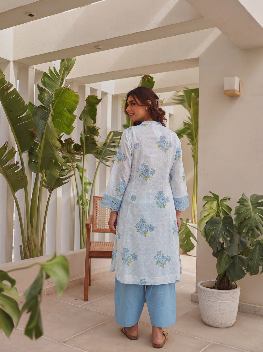 Blue Block Printed Shifli Cotton Kurta with Farshi Salwar