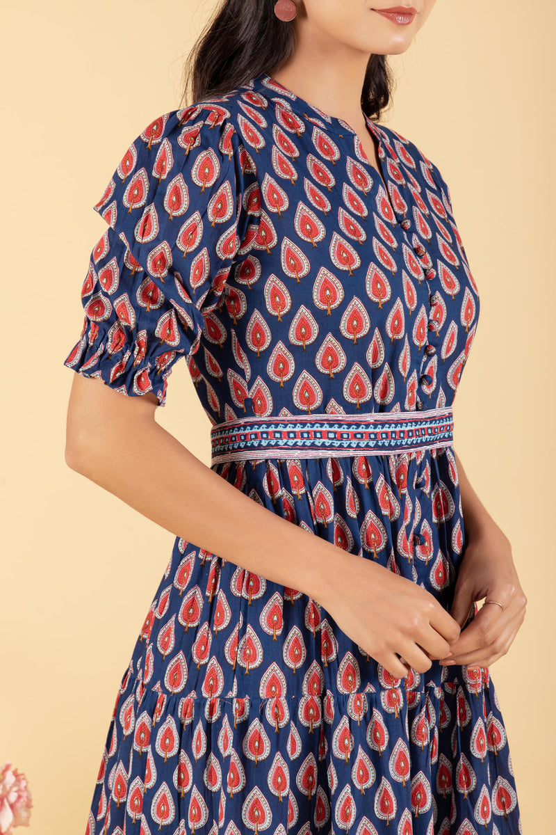 Bagru Hand Block Printed Gathered A-Line Dress with Belt